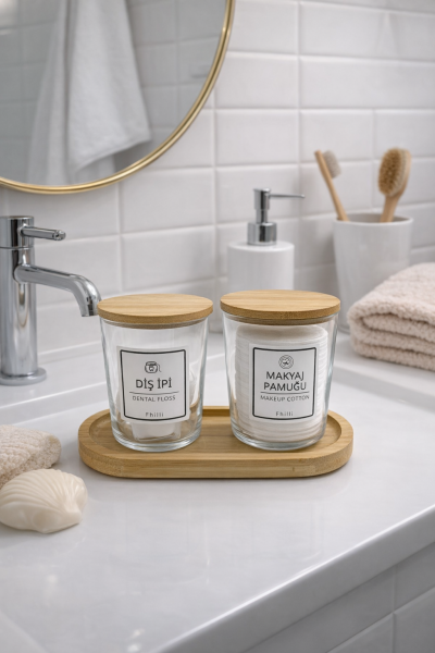 Marlin - 2'li Bambu Kapaklı Standlı Banyo Cam Kavanoz Seti Dekoratif Banyo Düzenleyici 315 cc