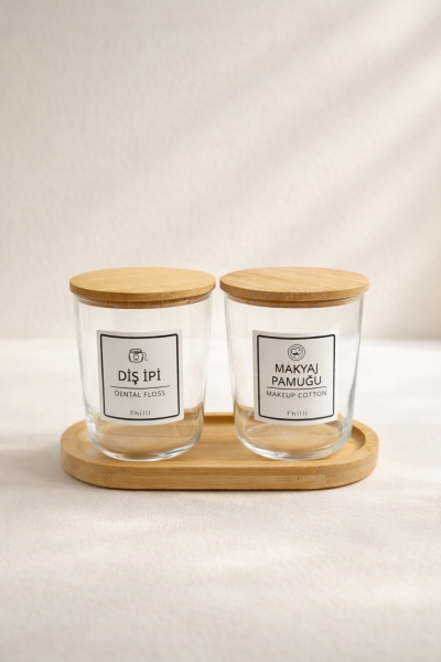 Marlin - 2'li Bambu Kapaklı Standlı Banyo Cam Kavanoz Seti Dekoratif Banyo Düzenleyici 315 cc