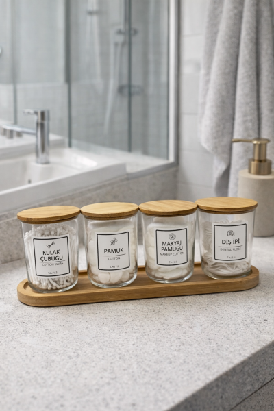 Marlin - 4'lü Bambu Kapaklı Standlı Banyo Cam Kavanoz Seti Dekoratif Banyo Düzenleyici 315 cc