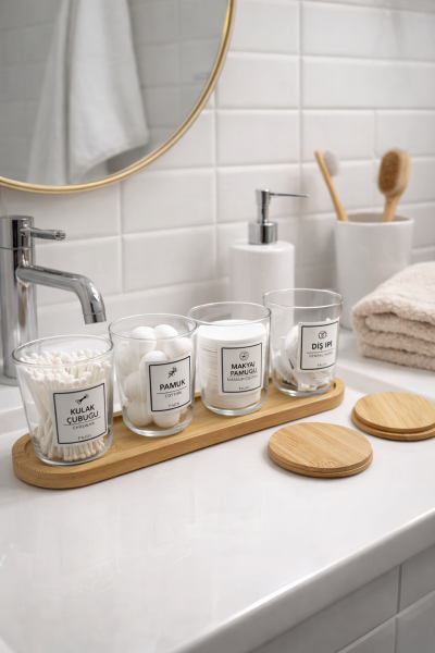 Marlin - 4'lü Bambu Kapaklı Standlı Banyo Cam Kavanoz Seti Dekoratif Banyo Düzenleyici 315 cc