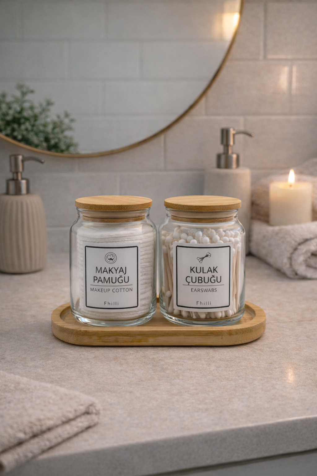 Darlin - 2'li Bambu Kapaklı Standlı Banyo Cam Kavanoz Seti Dekoratif Banyo Düzenleyici 290 cc