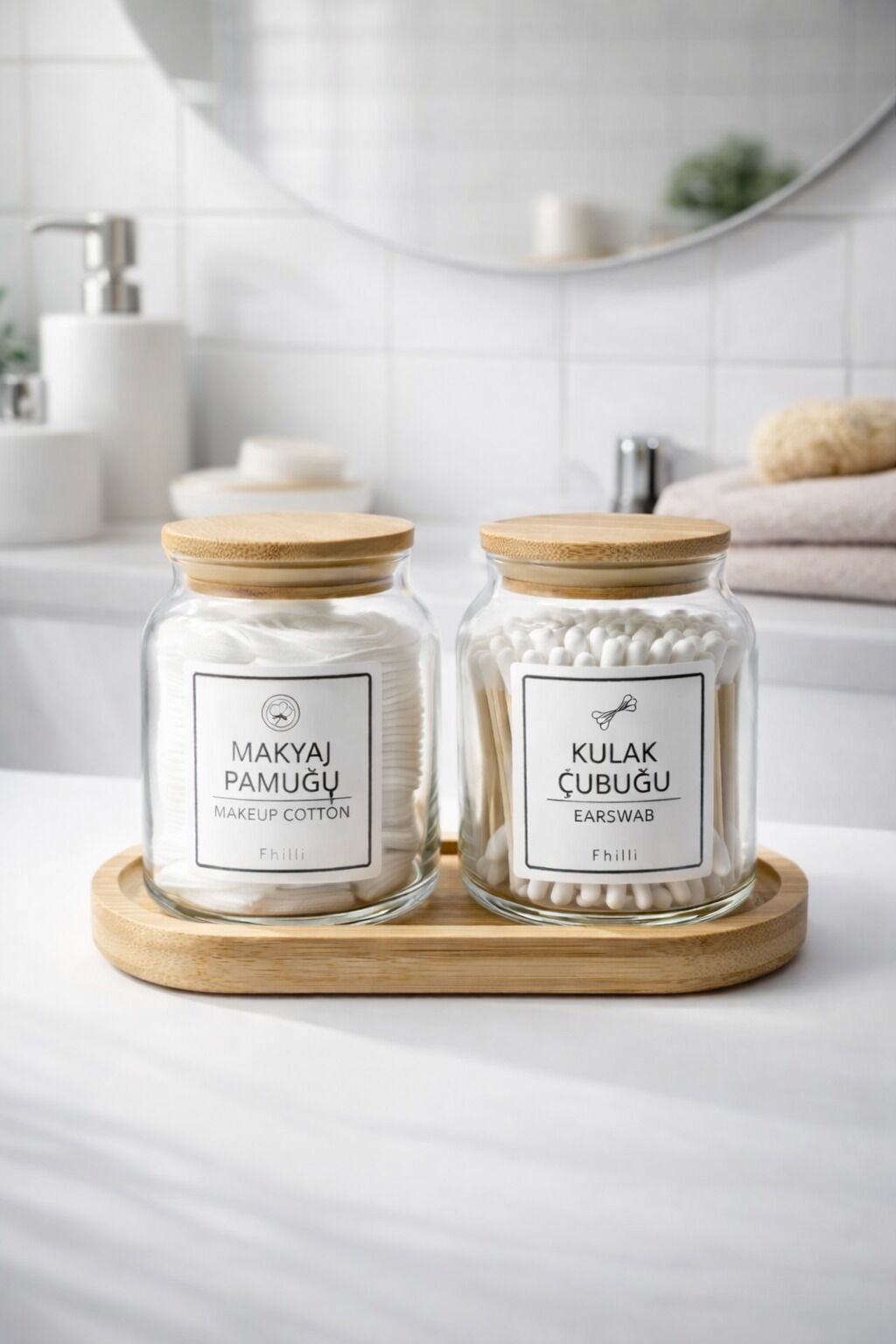 Darlin - 2'li Bambu Kapaklı Standlı Banyo Cam Kavanoz Seti Dekoratif Banyo Düzenleyici 290 cc