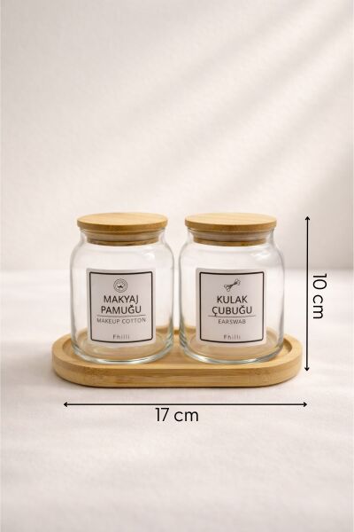 Darlin - 2'li Bambu Kapaklı Standlı Banyo Cam Kavanoz Seti Dekoratif Banyo Düzenleyici 290 cc