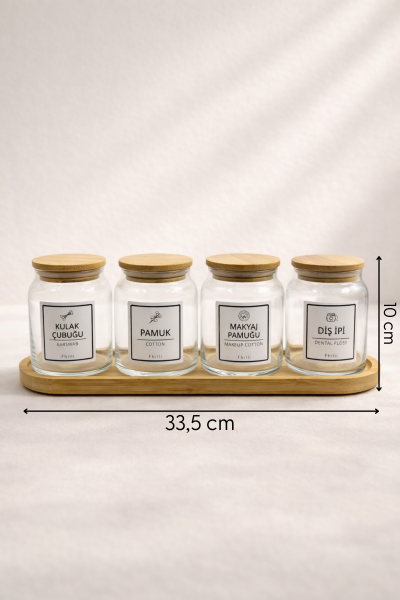 Darlin - 4'lü Bambu Kapaklı Standlı Banyo Cam Kavanoz Seti Dekoratif Banyo Düzenleyici 290 cc