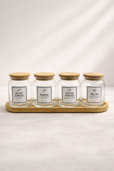 Darlin - 4'lü Bambu Kapaklı Standlı Banyo Cam Kavanoz Seti Dekoratif Banyo Düzenleyici 290 cc