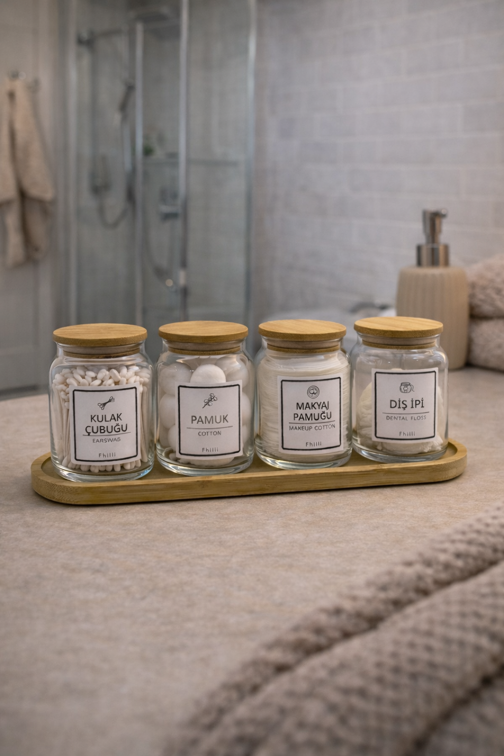 Darlin - 4'lü Bambu Kapaklı Standlı Banyo Cam Kavanoz Seti Dekoratif Banyo Düzenleyici 290 cc