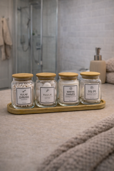 Darlin - 4'lü Bambu Kapaklı Standlı Banyo Cam Kavanoz Seti Dekoratif Banyo Düzenleyici 290 cc