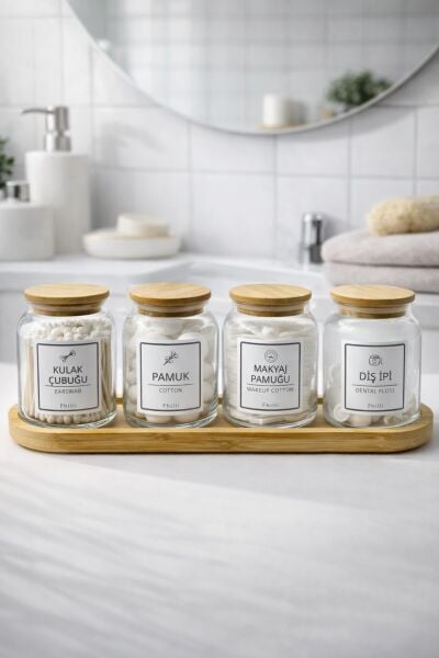 Darlin - 4'lü Bambu Kapaklı Standlı Banyo Cam Kavanoz Seti Dekoratif Banyo Düzenleyici 290 cc