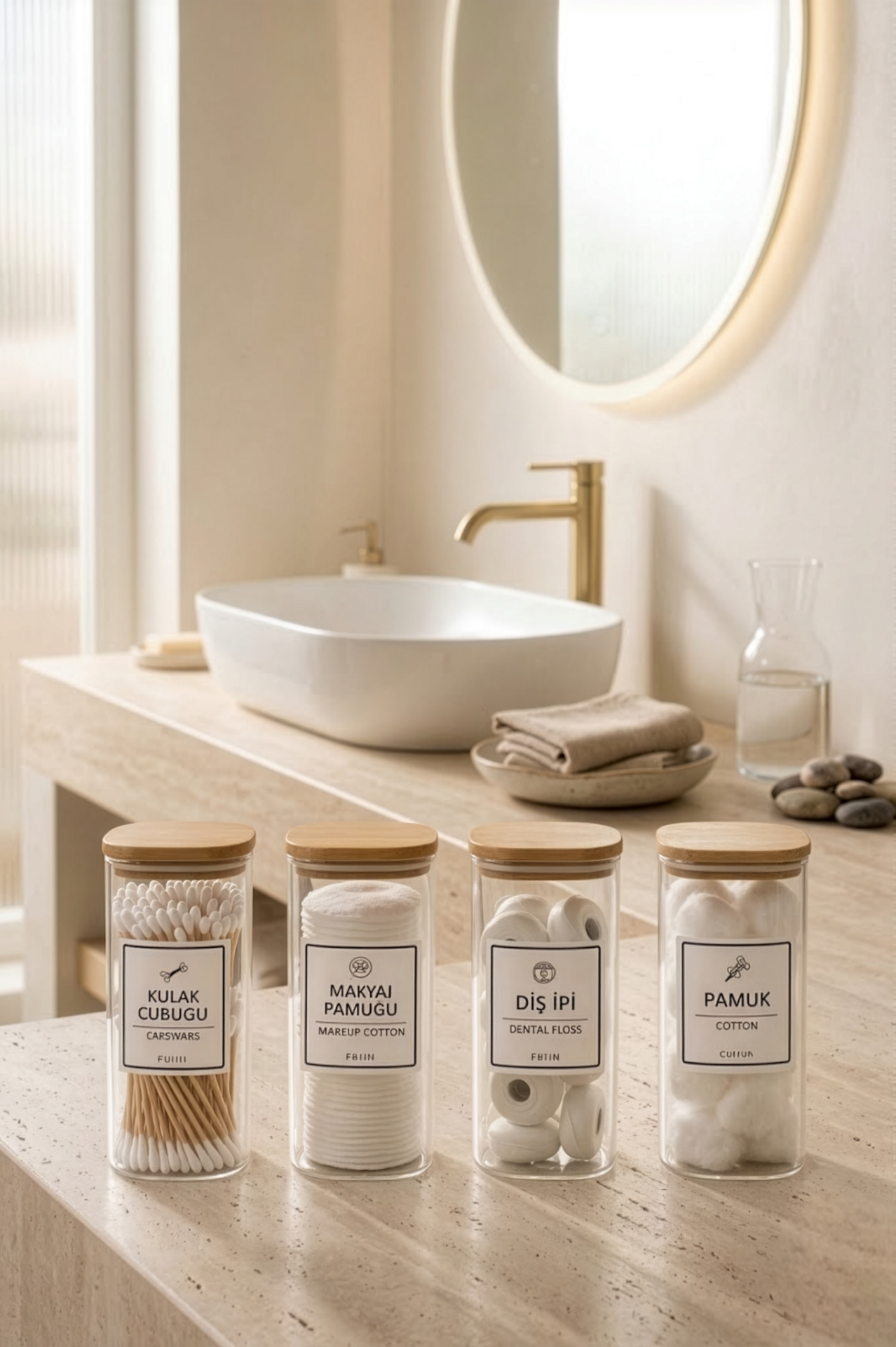 Lora - 4'lü Kare Bambu Kapaklı Dekoratif Banyo Düzenleyici Plastik Organizer Set