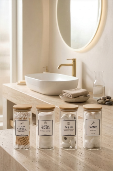 Lora - 4'lü Kare Bambu Kapaklı Dekoratif Banyo Düzenleyici Plastik Organizer Set