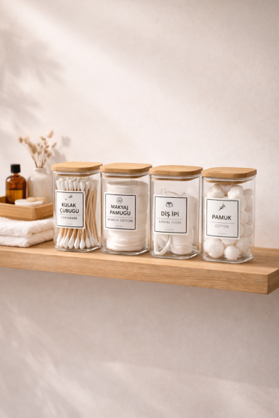 Lora - 4'lü Kare Bambu Kapaklı Dekoratif Banyo Düzenleyici Plastik Organizer Set