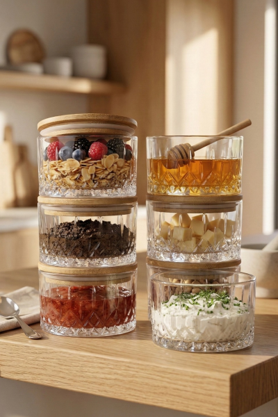 Queen - 6'lı Bambu Vakum Kapaklı Cam Kahvaltılık Çerezlik 260 ml