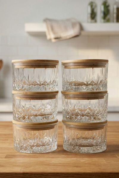 Queen - 6'lı Bambu Vakum Kapaklı Cam Kahvaltılık Çerezlik 260 ml