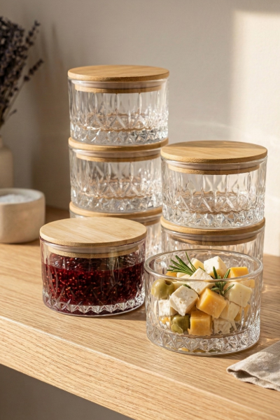 Queen - 6'lı Bambu Vakum Kapaklı Cam Kahvaltılık Çerezlik 260 ml