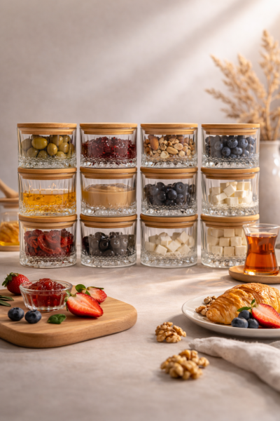 Queen - 12'li Bambu Vakum Kapaklı Cam Kahvaltılık Çerezlik 260 ml