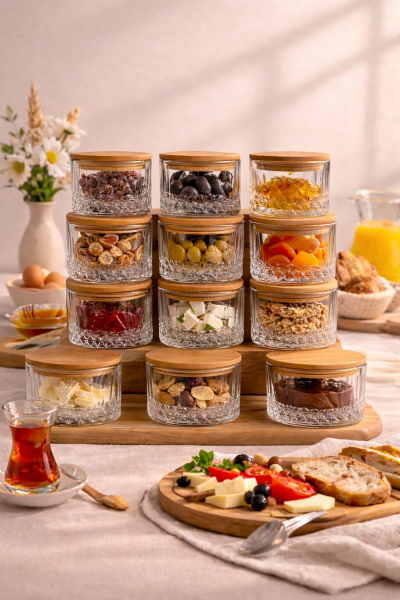 Queen - 12'li Bambu Vakum Kapaklı Cam Kahvaltılık Çerezlik 260 ml