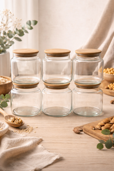 Fiona - 6'lı Vakumlu Bambu Kapaklı Küçük Boy 630 ml Kavanoz Takımı