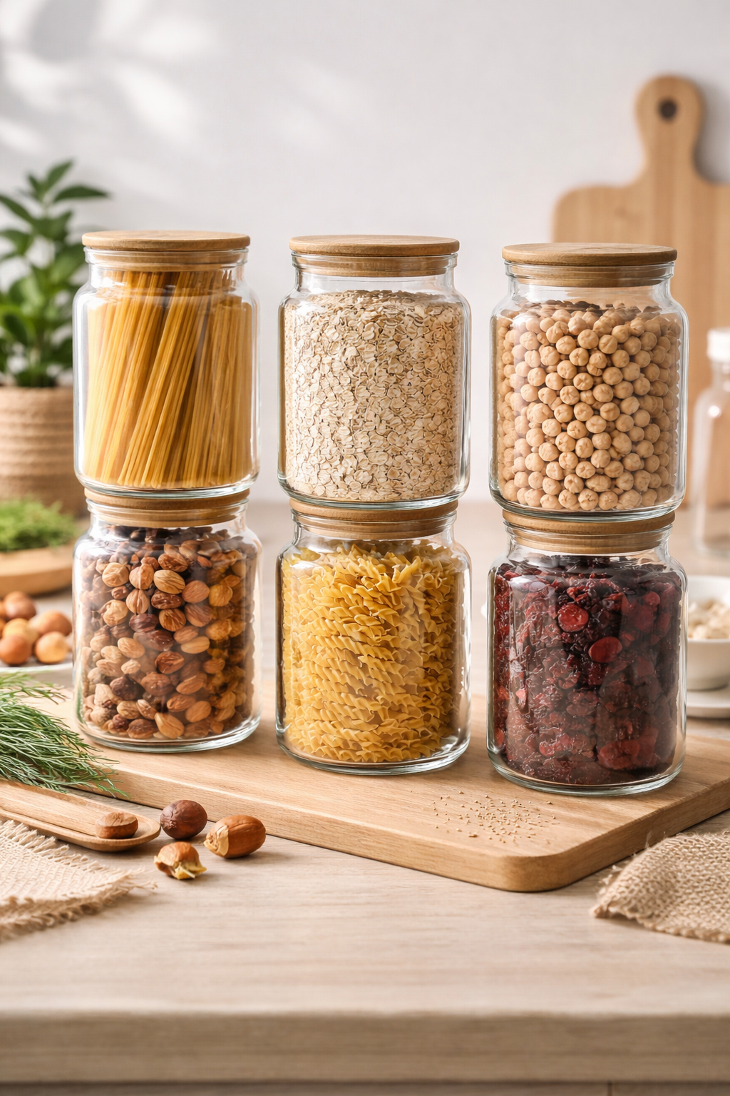 Fiona - 6'lı Vakumlu Bambu Kapaklı Orta Boy 900 ml Kavanoz Takımı