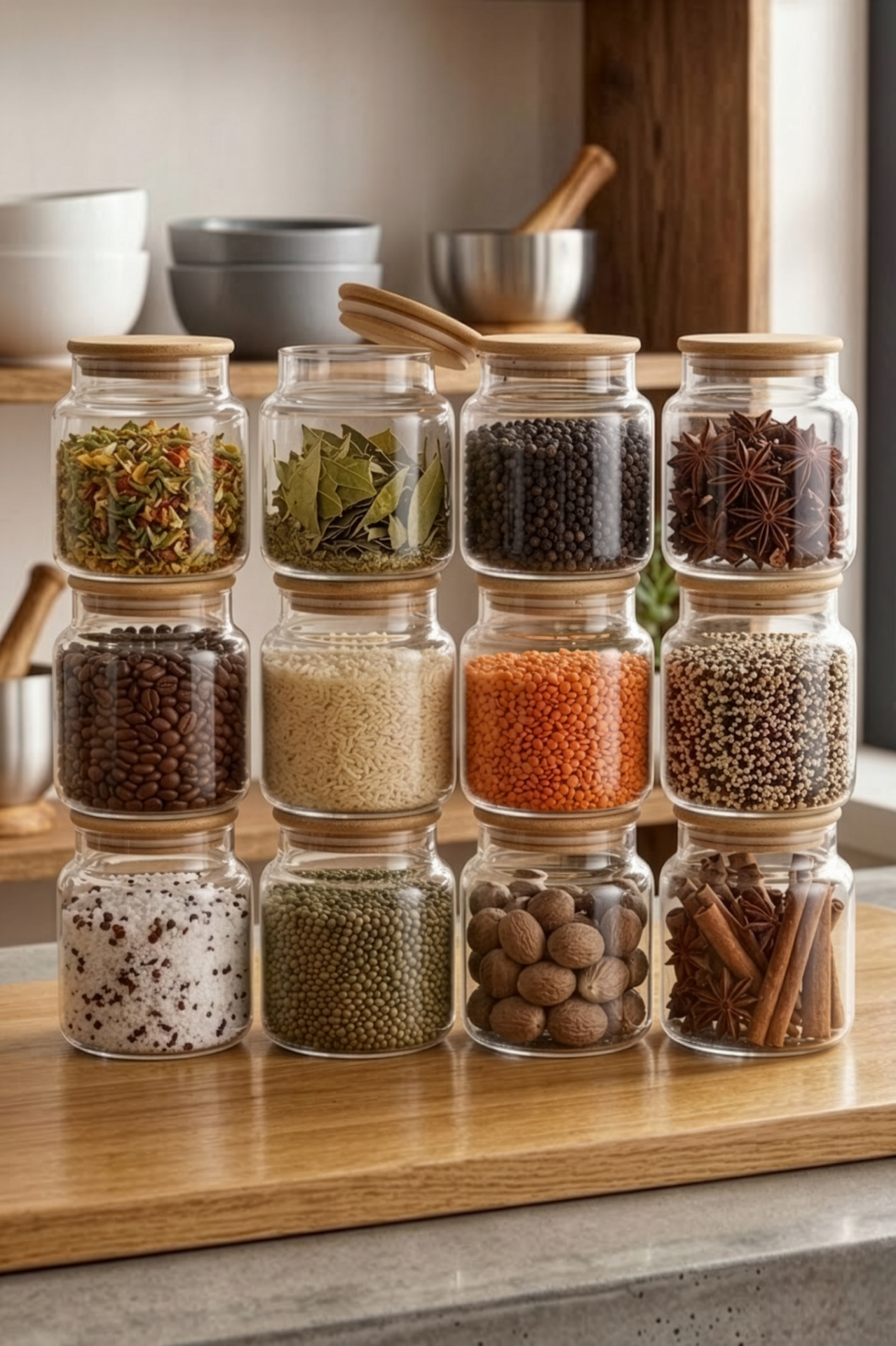 Fiona - 12'li Vakumlu Bambu Kapaklı Küçük Boy 630 ml Kavanoz Takımı