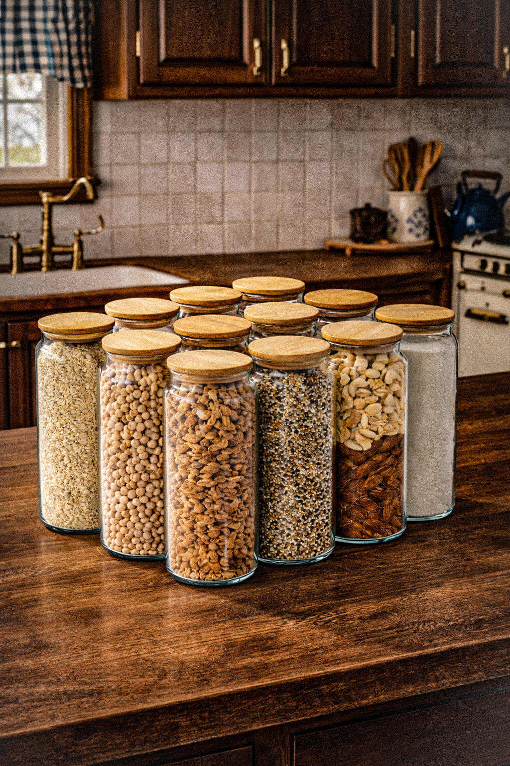 Fiona - 12'li Vakumlu Bambu Kapaklı Büyük Boy 1400 ml Kavanoz Takımı