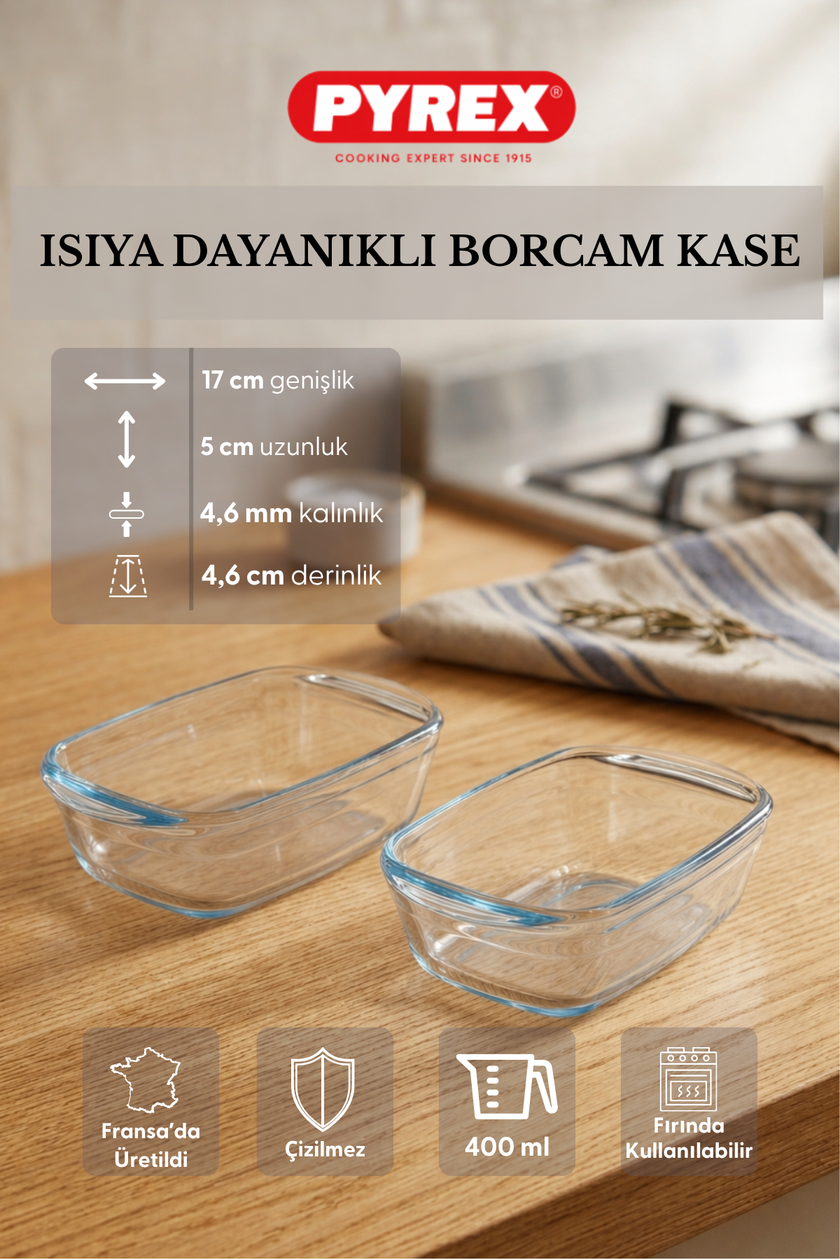 Pyrex - 2'li Isıya Dayanıklı Borcam Kase Çizilmez Sufle Güveç Fırın Kabı 400 ml Dikdörtgen