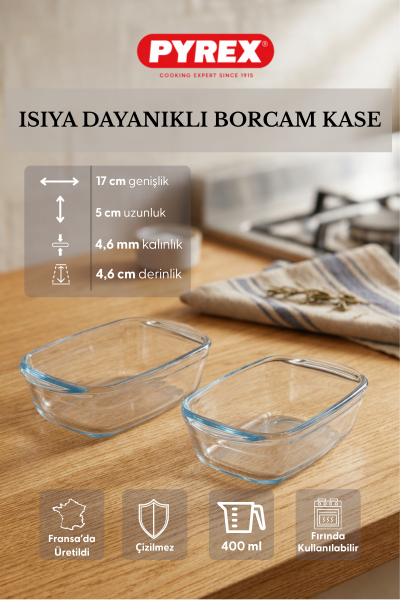 Pyrex - 2'li Isıya Dayanıklı Borcam Kase Çizilmez Sufle Güveç Fırın Kabı 400 ml Dikdörtgen