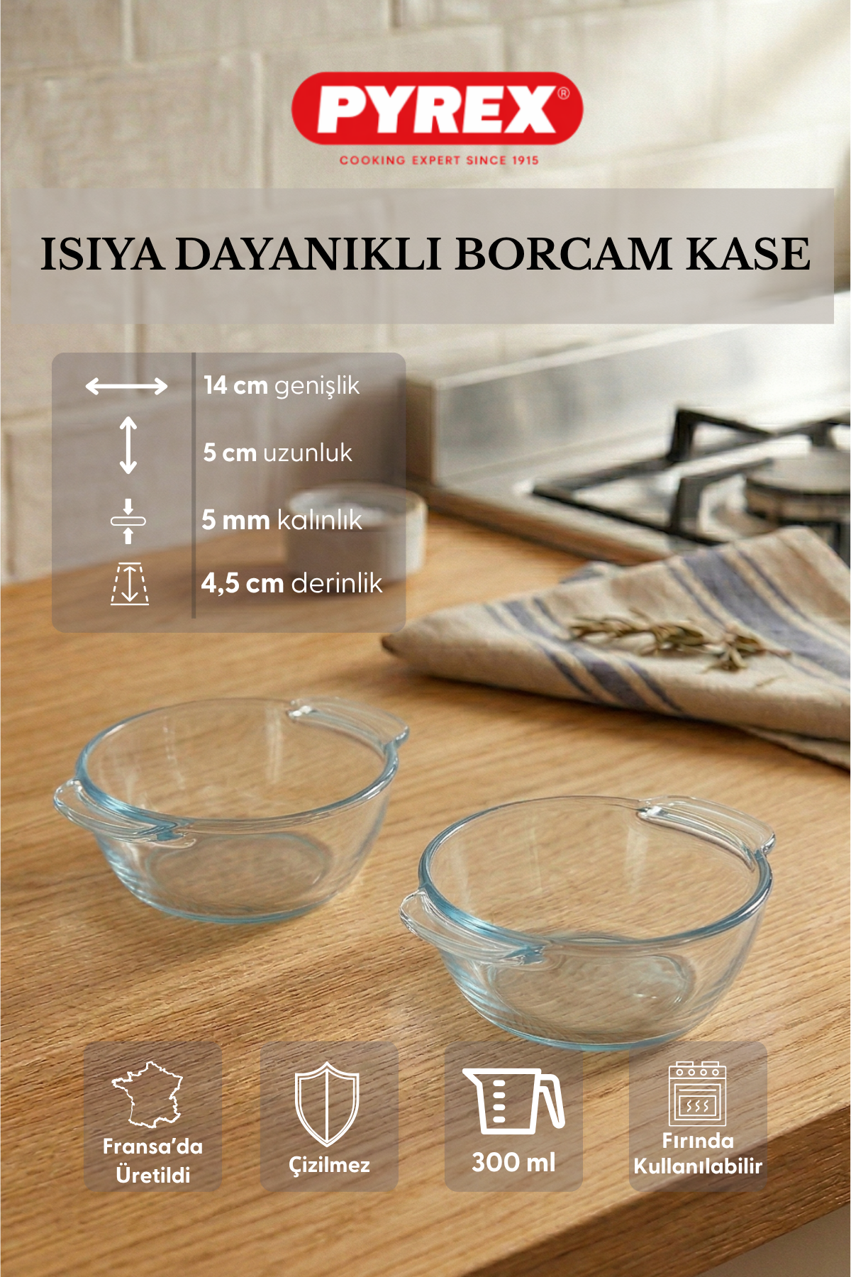Pyrex - 2'li Isıya Dayanıklı Borcam Kase Çizilmez Sufle Güveç Fırın Kabı 300 ml Yuvarlak