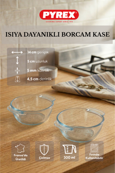 Pyrex - 2'li Isıya Dayanıklı Borcam Kase Çizilmez Sufle Güveç Fırın Kabı 300 ml Yuvarlak