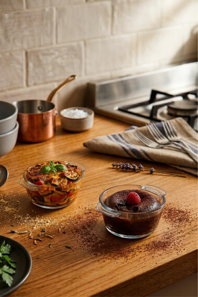 Pyrex - 2'li Isıya Dayanıklı Borcam Kase Çizilmez Sufle Güveç Fırın Kabı 300 ml Yuvarlak