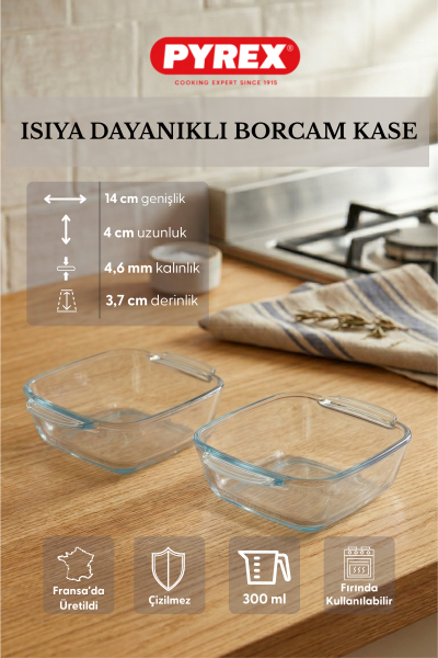 Pyrex - 2'li Isıya Dayanıklı Borcam Kase Çizilmez Sufle Güveç Fırın Kabı 300 ml Kare