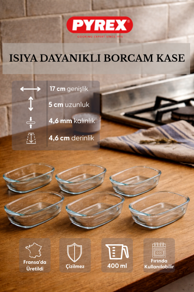 Pyrex - 6'lı Isıya Dayanıklı Borcam Kase Çizilmez Sufle Güveç Fırın Kabı 400 ml Dikdörtgen