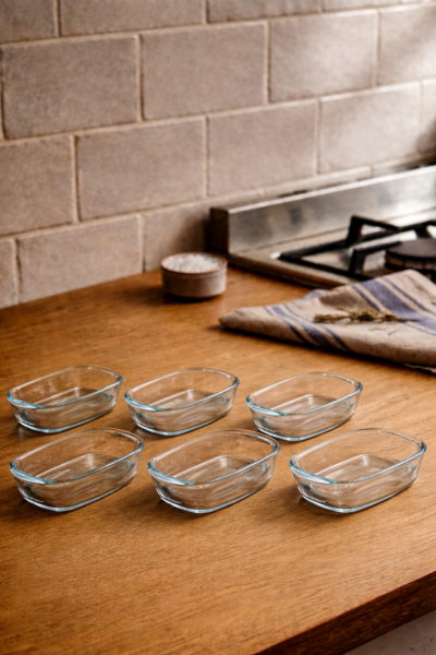 Pyrex - 6'lı Isıya Dayanıklı Borcam Kase Çizilmez Sufle Güveç Fırın Kabı 400 ml Dikdörtgen