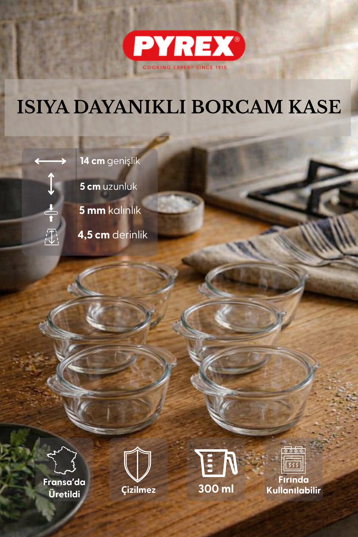 Pyrex - 6'lı Isıya Dayanıklı Borcam Kase Çizilmez Sufle Güveç Fırın Kabı 300 ml Yuvarlak
