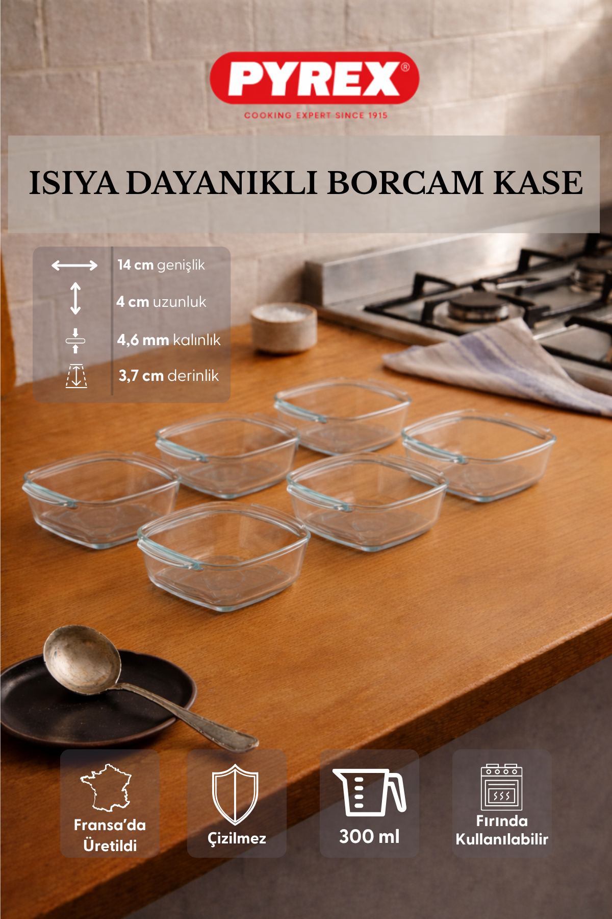 Pyrex - 6'lı Isıya Dayanıklı Borcam Kase Çizilmez Sufle Güveç Fırın Kabı 300 ml Kare