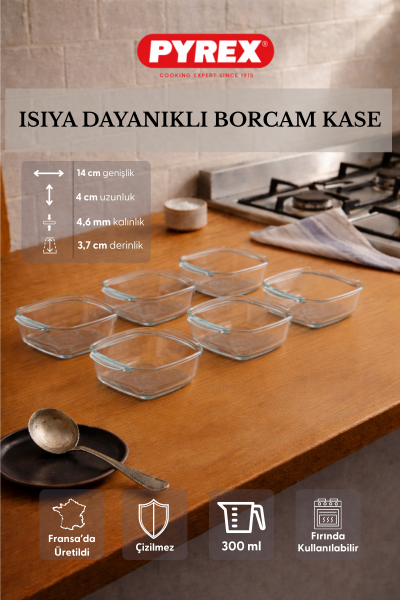 Pyrex - 6'lı Isıya Dayanıklı Borcam Kase Çizilmez Sufle Güveç Fırın Kabı 300 ml Kare