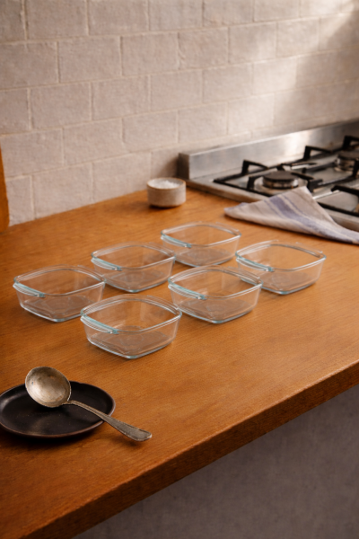 Pyrex - 6'lı Isıya Dayanıklı Borcam Kase Çizilmez Sufle Güveç Fırın Kabı 300 ml Kare