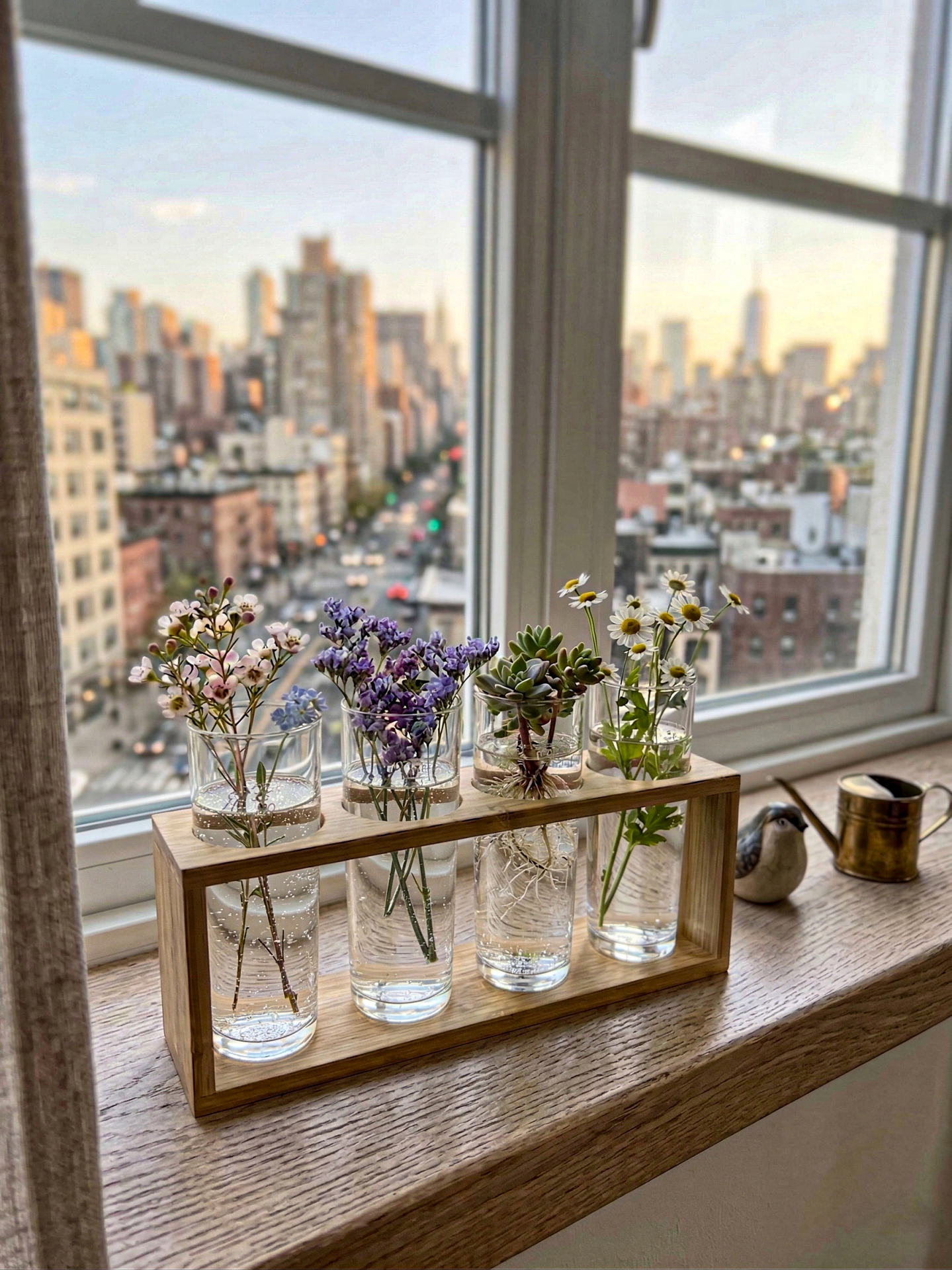 Felicia - 4'lü Bambu Standlı Cam Dekoratif Vazo Çiçeklik Organizer Set