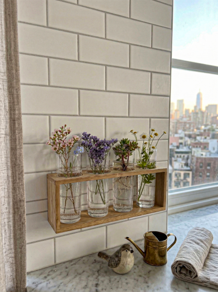 Felicia - 4'lü Bambu Standlı Cam Dekoratif Vazo Çiçeklik Organizer Set