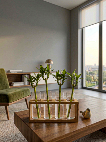 Felicia - 4'lü Bambu Standlı Cam Dekoratif Vazo Çiçeklik Organizer Set