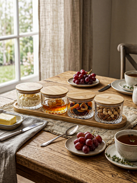 Queen - 4’lü Dikdörtgen Tepsili Bambu Kapaklı Vakumlu Saklama Kabı Çerezlik Kahvaltılık Set 260 ml