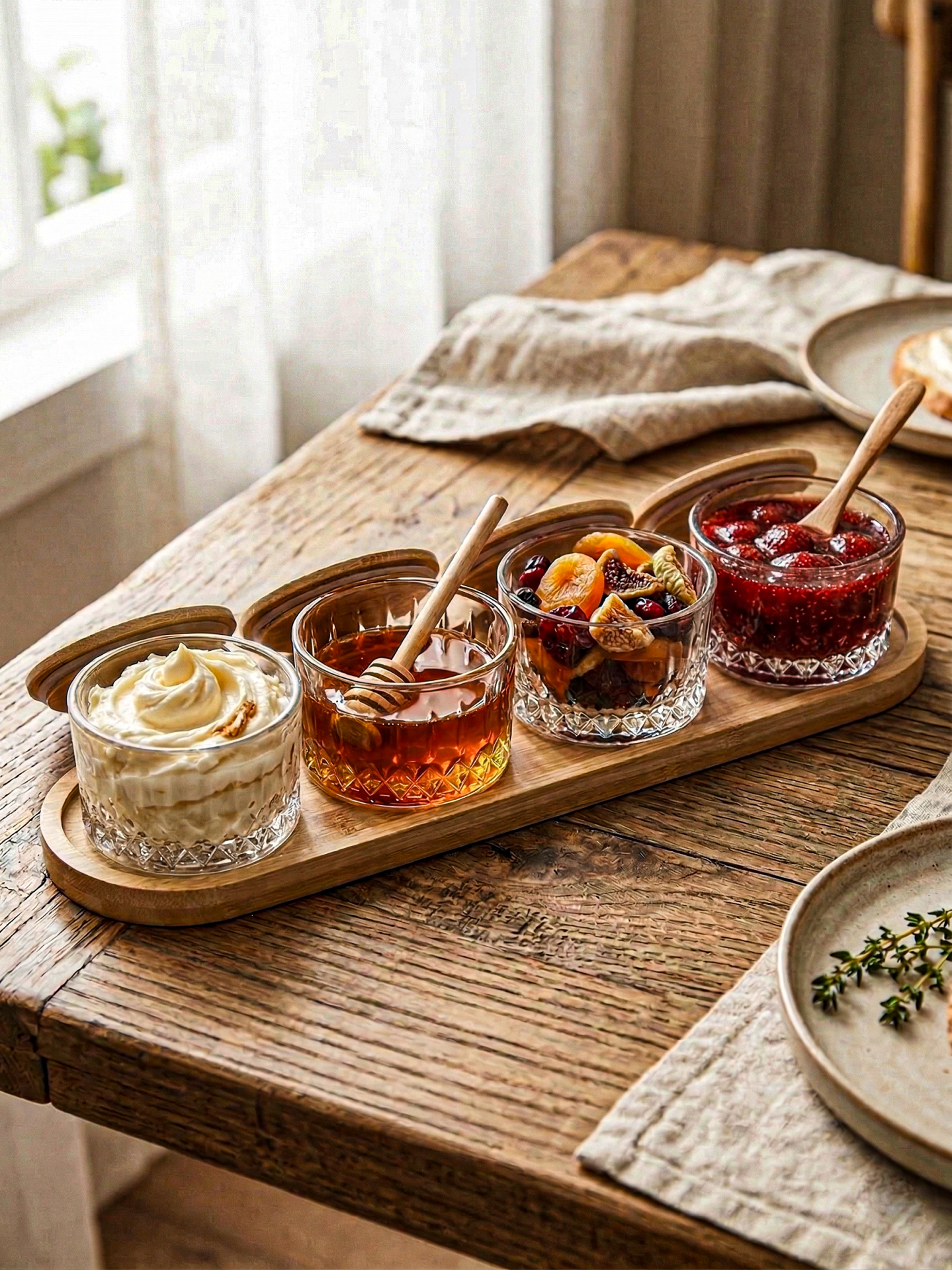 Queen - 4’lü Dikdörtgen Tepsili Bambu Kapaklı Vakumlu Saklama Kabı Çerezlik Kahvaltılık Set 260 ml