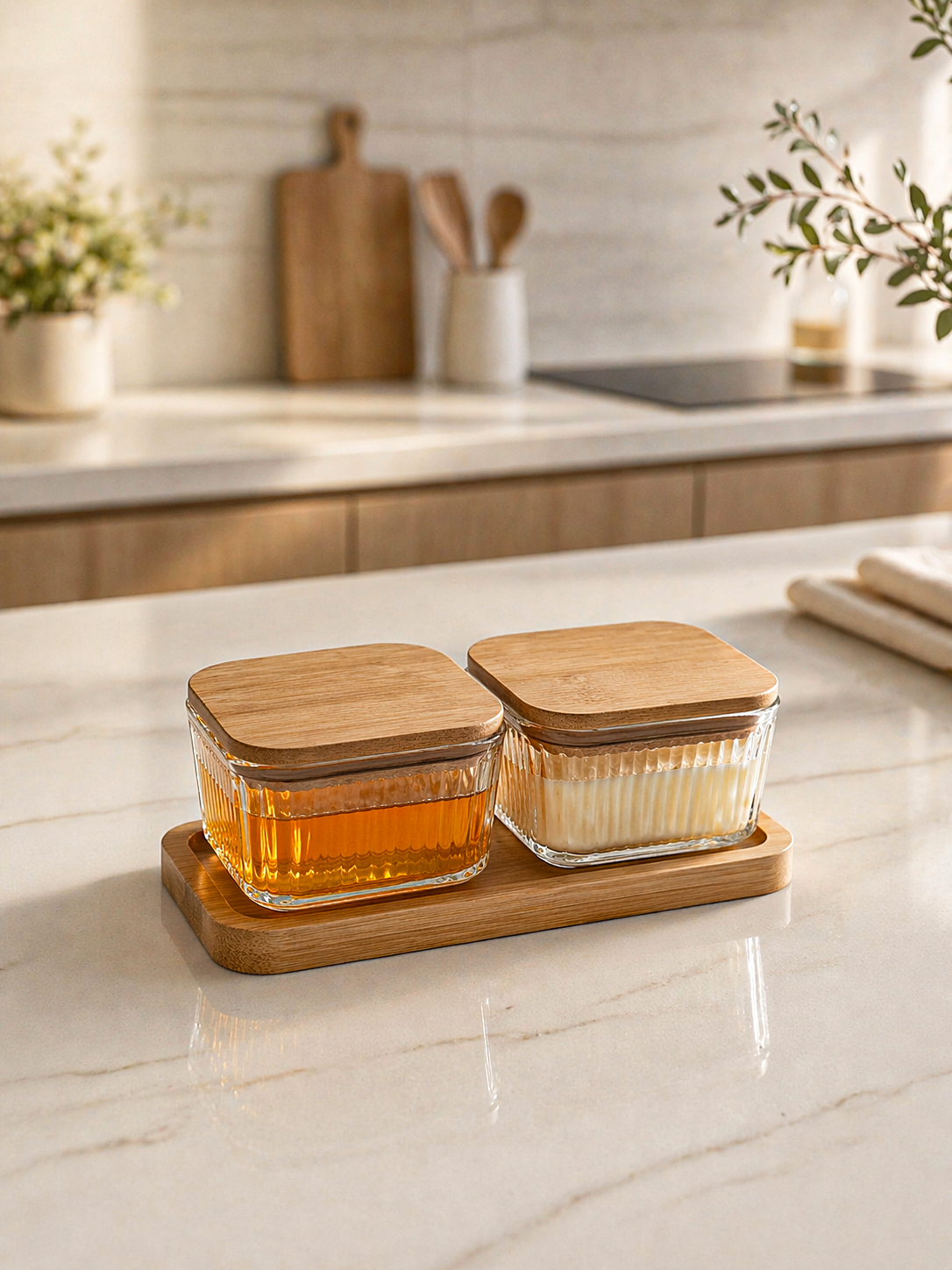 Orion - 2'li Dikdörtgen Tepsili Bambu Kapaklı Saklama Kabı Çerezlik Kahvaltılık Set 300 ml