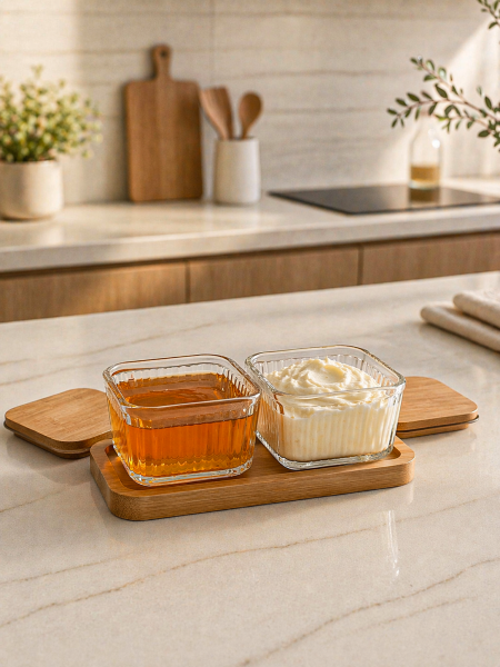 Orion - 2'li Dikdörtgen Tepsili Bambu Kapaklı Saklama Kabı Çerezlik Kahvaltılık Set 300 ml