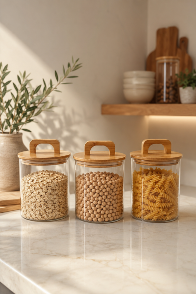 Aria- 3'lü Borosilikat  Bambu Kapaklı Kavanoz 600 ml  Çizgili