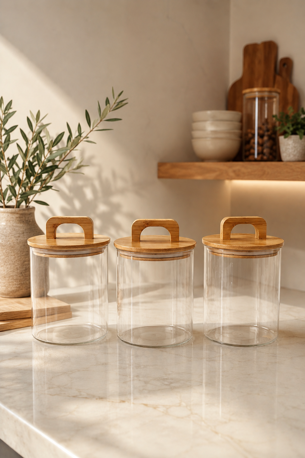 Aria- 3'lü Borosilikat  Bambu Kapaklı Kavanoz 600 ml  Çizgili