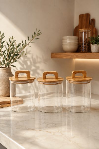 Aria- 3'lü Borosilikat  Bambu Kapaklı Kavanoz 600 ml  Çizgili