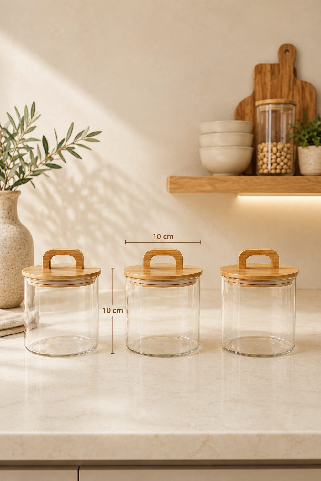 Aria- 3'lü Borosilikat  Bambu Kapaklı Kavanoz 600 ml  Çizgili