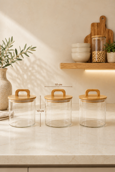 Aria- 3'lü Borosilikat  Bambu Kapaklı Kavanoz 600 ml  Çizgili