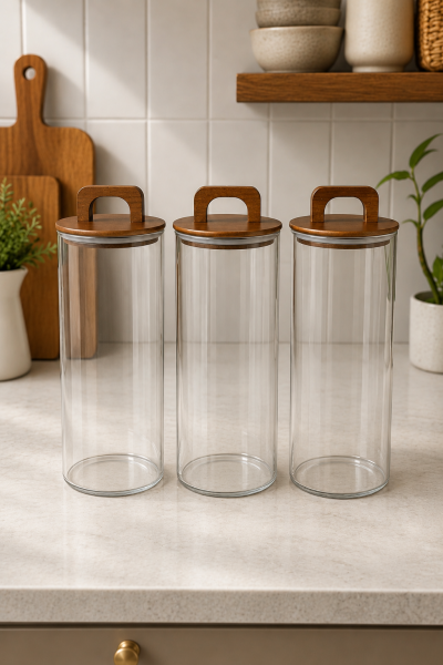 Aria- 3'lü Borosilikat Bambu Kapaklı Kavanoz 1300 ml Düz