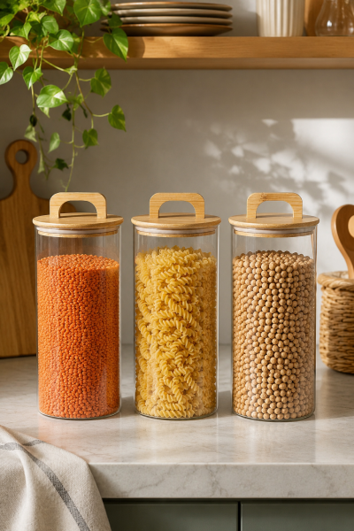 Aria- 3'lü Borosilikat Bambu Kapaklı Kavanoz 1300 ml Düz